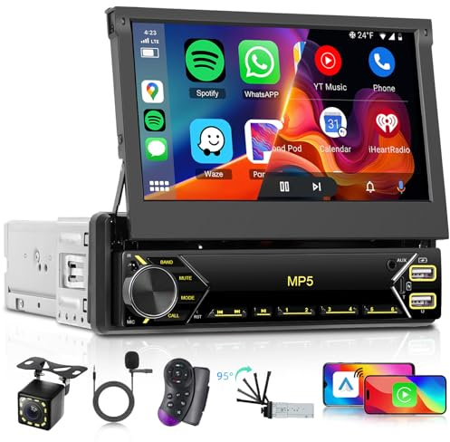 Hodozzy Radio Coche 1 DIN Retráctil con CarPlay & Android Auto Inalámbrico, Pantalla Táctil 7 Pulgadas Bluetooth, Radio FM, Video En Línea, EQ, Control en el Volante, Disco U/USB/Tipo C y Cámara