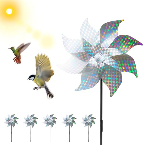 6 PCS Reflective Bird Repellent Windmil Repellent Pinwheel Scare Birds Silver Reflective Pigeon Deterrent Windmills Sparkly Spinners to Keep Birds Away from Your House Window Garden Farm Crops Fruits