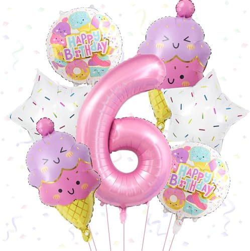 Eiscreme-Folienballon, Geburtstagsdeko für 6-jährige Mädchen, 7 Stück Pastellfarben, Heliumballons für Kinder-Party