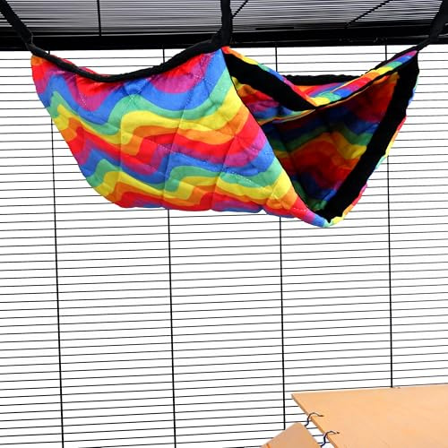 Little Friends Giant Double Bunkbed Hammock – Soft Hanging Bed for Rats, Ferrets, Chinchillas & Small Animals – Dual Layer Cosy Cage Accessory - Rainbow Waves