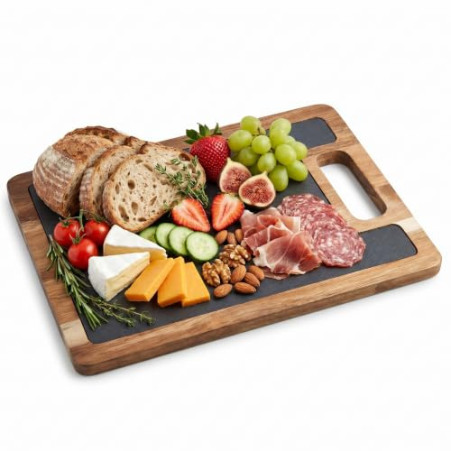 hausleben Servierbrett aus Akazienholz mit Schieferplatte 30x20 cm | Edles Holzbrett mit integriertem Griff zum Servieren & Anrichten – Messerfreundliche Käseplatte & Rustikales Frühstücksbrett