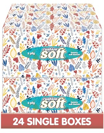 Cushion Soft Facial Tissues – 24-Pack | Soft 2-Ply Tissues | Ultra-Soft, Strong & Gentle Luxury Tissues | Made in UK (Regular)