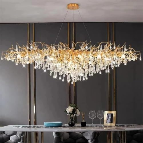 Leomix Moderne Kristallleuchte für Esszimmer - Goldene Rechteckige Deckenleuchte, Kristalltropfen-Zweige-Leuchten für Wohnzimmer, Schlafzimmer, Eingangsbereich, Flur, Hoher Decke,L120cm