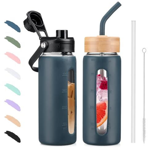 BLUEGO 600ML Gobelet en Verre Gourde avec Paille et 2 Couvercles Tasse à Café avec Marqueur de Temps et Protecteur en Silicone Bouteille pour Breuvages Soda Cola Sans BPA, Bleu foncé