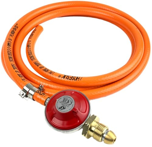 Propane Regulator (Red) Standard Screw 37mbar + 8mm LPG Gas Hose + Clips 4 Metre Fits Calor Gas & Flogas Screw in Cylinders