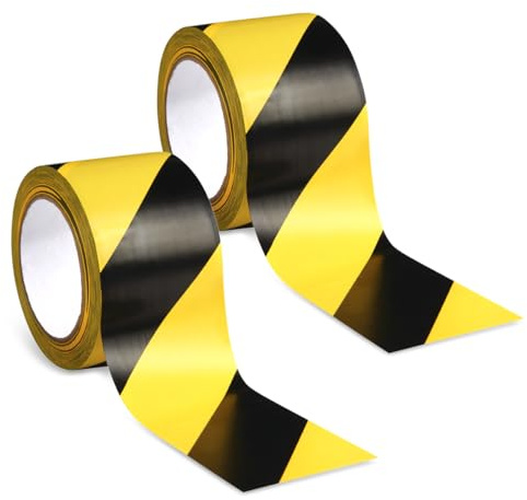 TESSTSY 2 Rollen Klebeband Schwarz Gelb 48mm x 33m für Bodenkennzeichnungen | PVC Absperrband Gelb Schwarz Flatterband, Selbstklebend Warnband Sicherheitsmarkierung Absperrband, Bodenmarkierungsband
