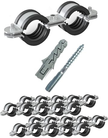 10 Stück Doppel Rohrschelle 1” 31-34mm | Rohrschellen Set | Schraubrohrschelle | mit Dübel | Stockschraube | Stahl verzinkt mit Gummidichtung | Rohrhalterung | Rohrhalter
