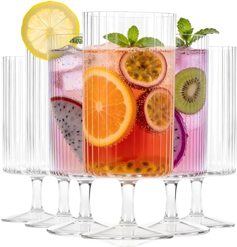 Aulivra Long Drink Glasses Set of 6 – 380ml Tall Drinking Glasses for Cocktails, Gin & Tonic, Water & Juice, Clear Glass Tumblers, for Parties, Weddings, and Everyday Use, Dishwasher Safe (Ribbed)
