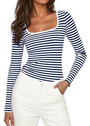 Aottori Tee Shirt Manches Longues Femme Col Carré sous Pull Haut Côtelé | T-shirt Basique, Top Ajusté, Près du Corps, Extensible Doux Confortable, Chic Élégant, Bureau, Automne Hiver