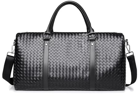 FANDARE Sporttasche Herren Damen Reisetasche mit Nassfach PU Leder Gewebte Weekender Handgepäck Weekender Bag Saunatasche Schwimmtasche Doktortasche Trainingstasche Badetasche Urlaubstasche Schwarz