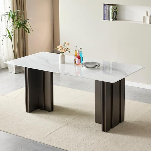 69.30-Inch Modern Rectangular Dining Table.Diningtable,Kitchen & Dining Room Table,Dinner Tables.Tempered Glass with White Marble Texture Top, Matte Gray Brushed Stainless Steel Legs, Seats 4-6