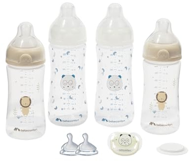 Bebeconfort Physio Air Grow-with-Me Anti-Kolik Nappflaskorset, Antikolik Nappflaska, 0+ mån, med 4 Matningsflaskor för Nyfödda, 3 Dinappstorlekar, Fysiologiskt Formad Napp, Självlysande Design