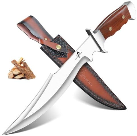 Purple Dragon Outdoor Survival Messer mit Holzgriff & Lederscheide | Full Tang Vielseitiges Camping-Überlebenswerkzeug für Bushcraft & Wandern,Geschenk für Männer