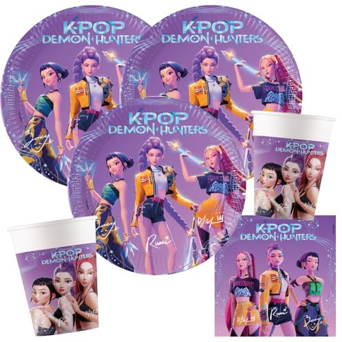 Set per feste - KPop Demon Hunters - 36 pezzi, piatti di carta, bicchieri di carta e tovaglioli per la festa di compleanno dei bambini