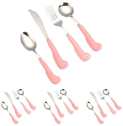 Set di Posate in Ceramica con Motivi di Animali dei Cartoni Animati, in Acciaio Inossidabile, Composto da Cucchiaio, Coltello e forchetta, con Finitura a Specchio (Dinosauro Rosa, 16 Pezzi)