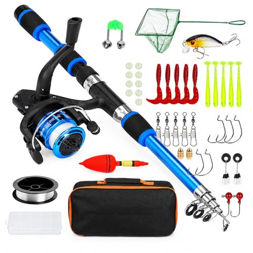 Set da pesca per bambini, canna da pesca telescopica da 180 cm, con mulinello, set di avviamento con mulinello, esche e borsa per il trasporto, accessori per la pesca per bambini per principianti