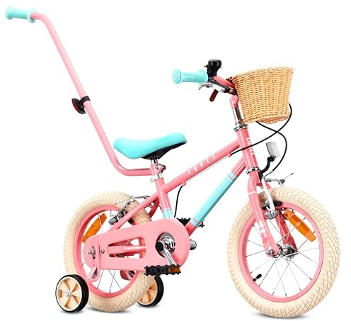 Sun Baby Barncykel 14 Tum LOVEL, Cykel för barn - Flicka 3-5 År, Max 50 kg - stödhjul, korg, ringklocka, kedjeskydd, handtag - Rosa-Mintgrön