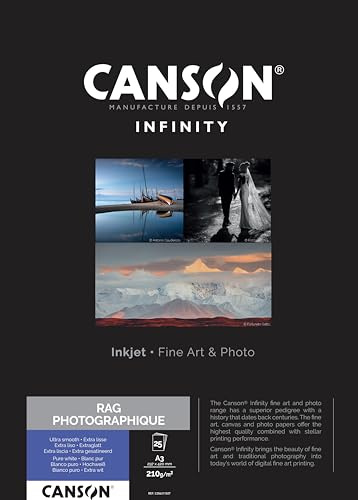 CANSON Infinity Rag Photographique Ultra Smooth 210 gsm A3-papper, digital konstreproduktion, 25 rena vita ark, perfekt för professionella fotografer
