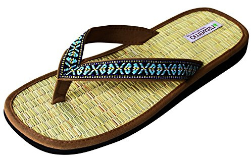 Nawemo Zimt-Flip-Flop Zehentrenner Damen Herren, Wild West, Beige | Bestickter Zehenriemen mit Ethno-Muster, geflochtenes Naturfaser-Fußbett mit Zimtpulver, Gummisohle, für Haus und Strand