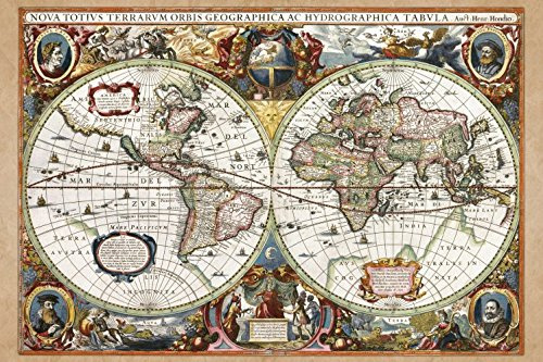 1art1 Historiska kartor – världskarta, Nova Totius Terrarum, 1630 bilder canvasbild med kilram | XXL-väggbild affisch konsttryck som canvasbild 120 x 80 cm