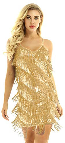 TiaoBug Damen Kleid Retro 1920er Stil Flapper Kleider Troddel V Ausschnitt Great-Gatsbie Motto Party Frauen Kostüm Festliche Pailletten Kleider Gold One_Size