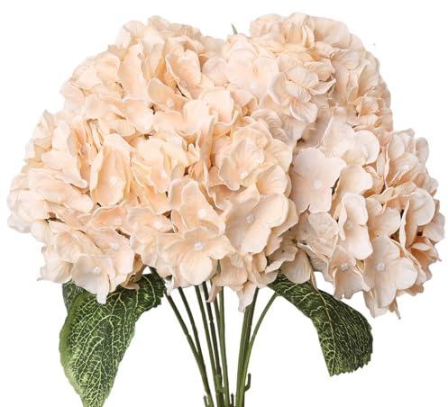 Louiesya 2 Bouquets Artificial Flowers Silk Hydrangea Flowers with 10 Big Heads Fake Flower Bunch Bouquet for Home Wedding Party Decor DIY (Champagne)