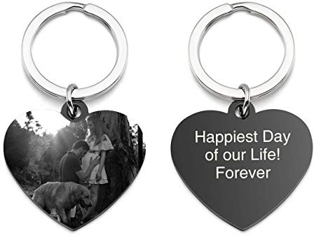 Zysta Personalized Text & Fotogravur - Edelstahl Herz Schlüsselanhänger mit gravur Erkennungsmarke ID Tag Gravurplatte Keychain Schlüsselbund für Personalisierte Geschenke (Mit Text & Foto Gravur)