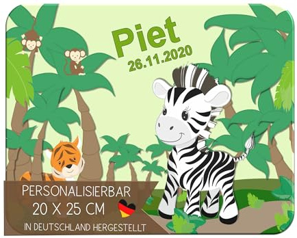 CreaDesign Personalisiertes Kinder Frühstücksbrett mit Namen, 20x25cm, rutschfestes Schneidebrett aus Kunststoff, Safari-Zebra Design, spülmaschinen&mikrowellengeeignet, Schneidbrett für Kinder