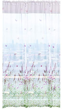 Xmiral 2stk Tüll Vorhang Dekorative Vorhänge mit Stangenlöchern, Blumen Drucken Gardine 100cm × 200cm(Lila,100 x 200 cm)
