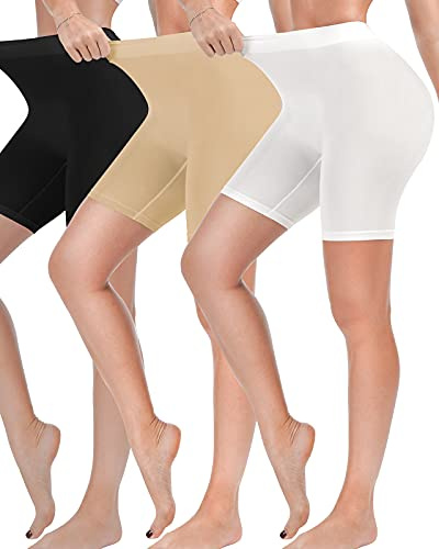 Reamphy 3 Pack Slip Shorts for Women Under Dress,Comfortable Smooth Yoga Workout Biker Shorts(Black+White+Nude,M)