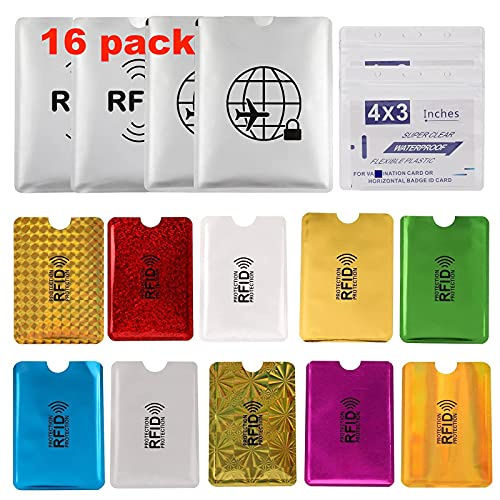 Luumxai Juego de 16 Fundas de Bloqueo RFID (10 Soportes para Tarjetas de crédito y 4 Protectores de Pasaporte) Juego de Fundas seguras de protección contra Robo de Identidad. Lámina de Aluminio
