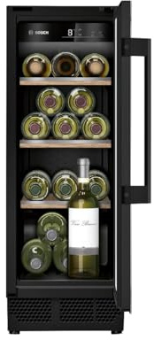Bosch KUW20VHF0 Serie 6 Weinkühlschrank, 82 x 30 cm, 21 Flaschen, Temperatur: 5-20 °C, eine Temperaturzone, 58 L, LED-Beleuchtung gleichmäßige Ausleuchtung, ausschaltbares Präsenterlicht