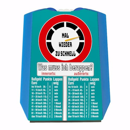 speecheese Zu schnell gefahren Bußgeld Parkscheibe in türkis mit Straßenschild Motiv mit Eiskratzer Wasserabstreifer und Einkaufswagen-Chips für Fahranfänger mit Führerschein um den