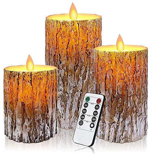 Aongray LED Candles with Pine Bark Effect Flickering Battery Operated Candles 4 5 6 Set of 3, Real Wax Candles Decorating Pillars,10-Key Remote Control with 24 Hour Timer Function