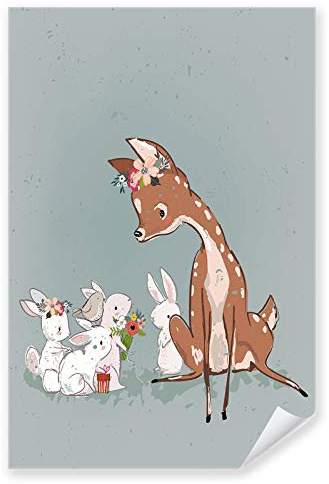 Postereck - 3960 - Kinderzimmer, Reh Hasen Spielen Kuscheln Tier - Kinder Kinderzimmer Kinderbild Wandposter Fotoposter Bilder Wandbild Wandbilder - Leinwand - 40,0 cm x 30,0 cm