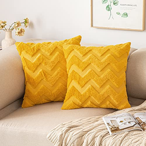 MIULEE 2er Set Wolle Kissenbezüge Dekokissen Polyester Sofakissen Weich Couchkissen Kissenbezug Zierkissenbezug mit Verstecktem Reißverschluss für Wohnzimmer Schlafzimmer 40x40 cm Senfgelb