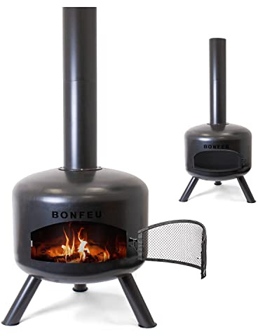 BonFeu BonGiro Schwarz - Terrassenofen - Feuerstelle mit Funkenschutz für entspannte Abende - Feuersäule Outdoor - Terrassenkamin mit Grillrost - Gartenofen aus hochwertigem Cortenstahl, 3559