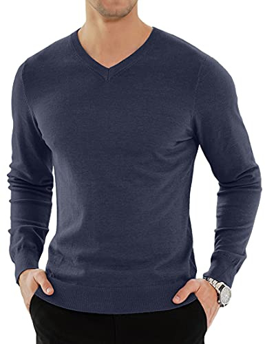 KUYIGO Los Hombres Jumpers Tops Invierno Caliente de Punto V Cuello Jumper Manga Larga Suave y Acogedor Cuello burlón Prendas de Punto suéteres para Hombres L Azul