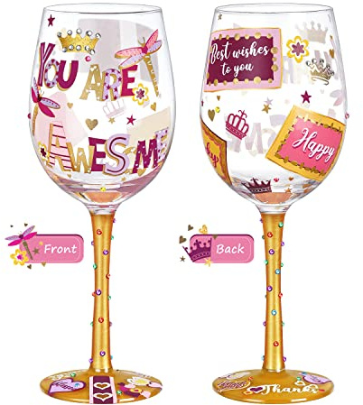NymphFable Dankeschön Geschenk Bunte Weingläser Personalisiertes Handgemalt Weinglas Geschenk für Mama, Lehrerin, Freundin ect, mit Geschenkbox, 15oz (1 stück)