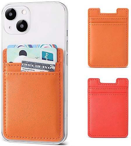 Fulgamo 2Pack Phone Wallet,Leather Phone Card Holder Adhesive Stick On Credit Card Pocket for Back of Phone Case iPhone and Android-Orange,Red