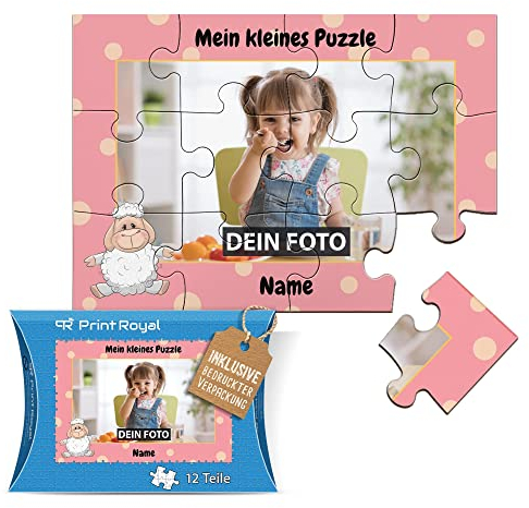 Fotopuzzle aus Holz für Kinder mit Name und Foto Puzzle selbst gestalten - Mein kleines Puzzle mit Schaf, Kinderpuzzle | 25 x 17,5 cm, 12 Teile in Kartonverpackung