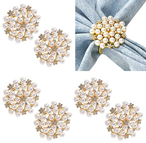 6 Stück glänzende Perlen Serviettenringe glänzende Strass Serviettenschnallen florale Serviettenringe Serviettenhalter für Hochzeit Geburtstag Weihnachten Urlaub Abendessen Party Gold