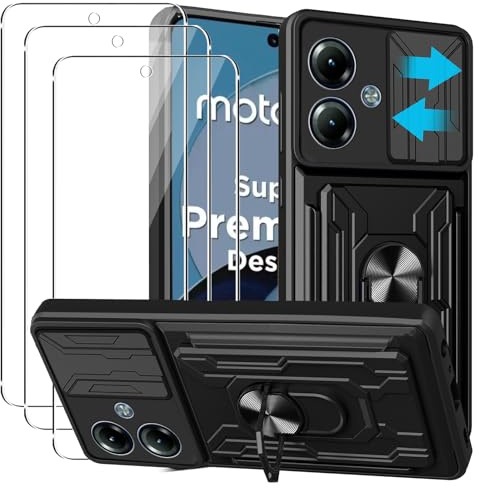 KZIOACSH Funda para Motorola Moto G14 + 3× Cristal Templado,[Tapa Deslizante para la cámara] Anti-Choque con 360 Grados Magnetic Anillo Hard PC y Silicona TPU Bumper antigolpes Case,Negro