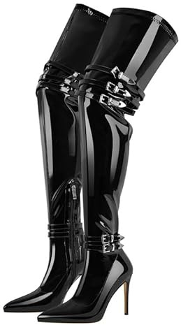 blingqueen Damen Stretch Lack Stiefel Spitze Overknee Stiletto Boots Riemen Schnallen Damenstiefel Metallic Schwarz 39 EU