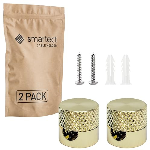 smartect Aluminium Wand- und Deckenpins 2 Stück für Textilkabel in Gold | Ø16 x 16mm Geriffelte Deckenbefestigung mit Schrauben und Dübeln, Affenschaukel Aufputz-Kabelhalter für eigenes DIY Projekt