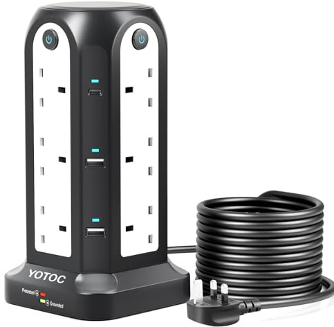 Tower Extension Lead,12 Way Surge Protected Extension Lead with 4 USB(5V 4.8A) Slots,2 USB-C(5V 3A),3250W Power Strip with 4 Individual Switches and 3M/9.8ft Extension Cable for Home,Office,School
