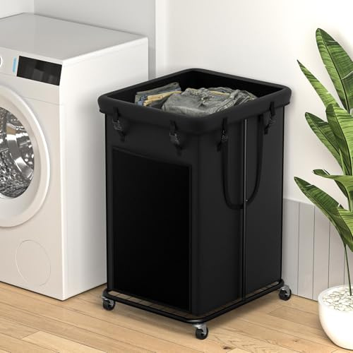 YKDIRECT Grand panier à linge de 150 l, panier à vêtements, cadre en métal et poches amovibles, design avec roues, convient pour chambre à coucher, salle de bain, dortoir, buanderie (noir)