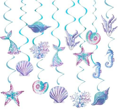 16 Stück Meerjungfrau Geburtstag Deko Mermaid Seepferdchen Seashell Starfish Paper Birthday Decorations, Meerjungfrauen Deko Zubehör für Kindergeburtstag Unterwasserwelt Mermaid Thema Party