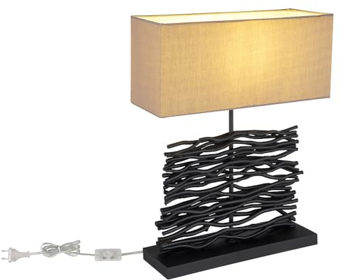 LED Tischleuchte Tischlampe Beistelllampe Holzlampe Schreibtischlampe Wohnzimmerlampe, Holz schwarz Stoff grau, 10,5W 1055 Lumen warmweiß, H 50 cm