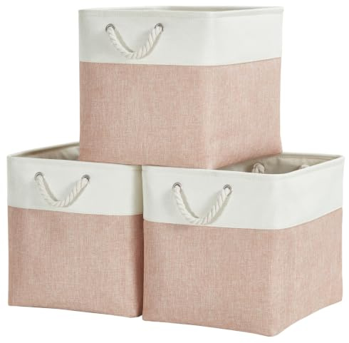 Mangata Aufbewahrungsbox,(30x30x30cm) Aufbewahrungskorb Stoff, Box in Würfel für Schrank, Regal, und Kleidung(Rosa/Weiß, 3er Pack)